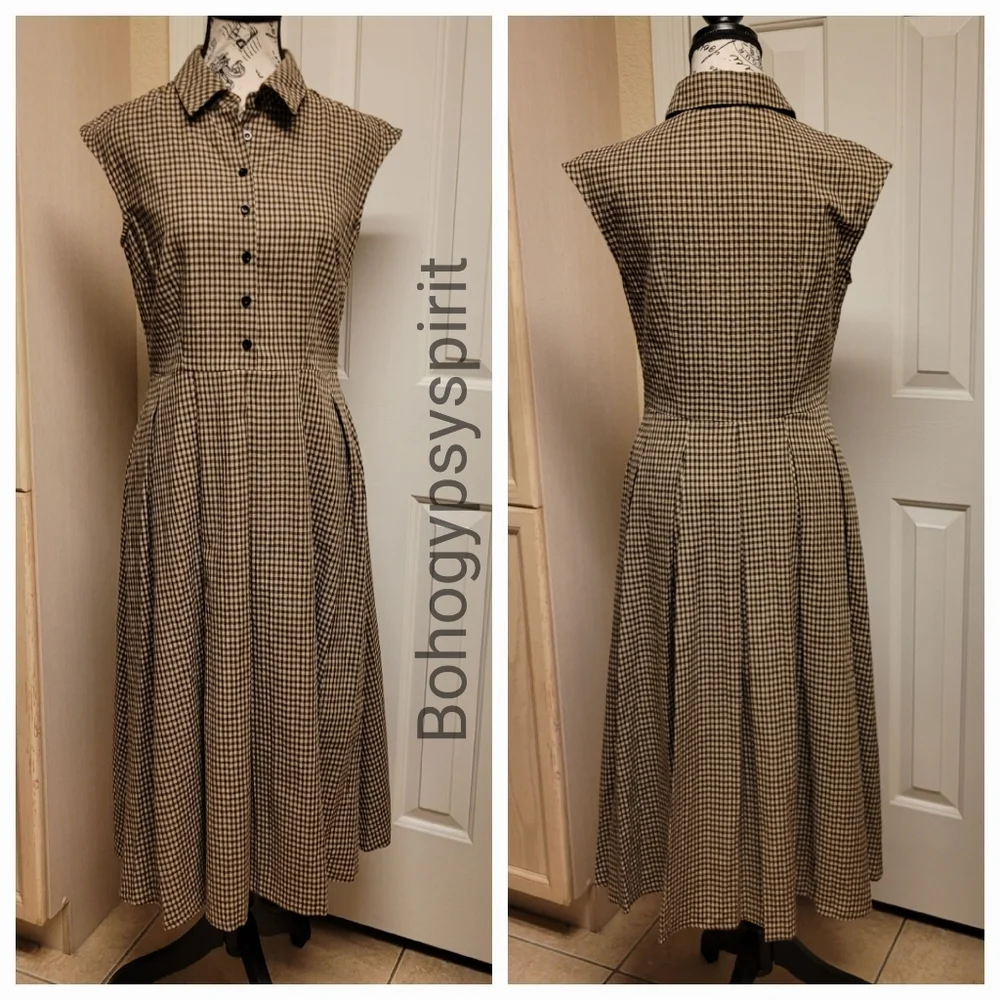 NWT Rihoas Brown Plaid Button Pleated Midi Dress - Picture 11 of 17